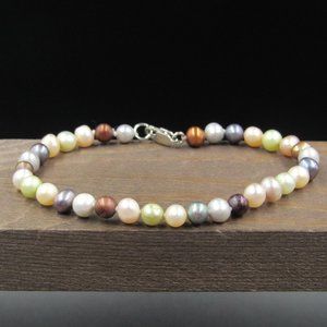 7" Sterling Silver Many Color Small Pearls Bracelet Vintage